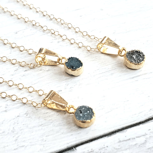 Petite Green Round Druzy Gold Necklace